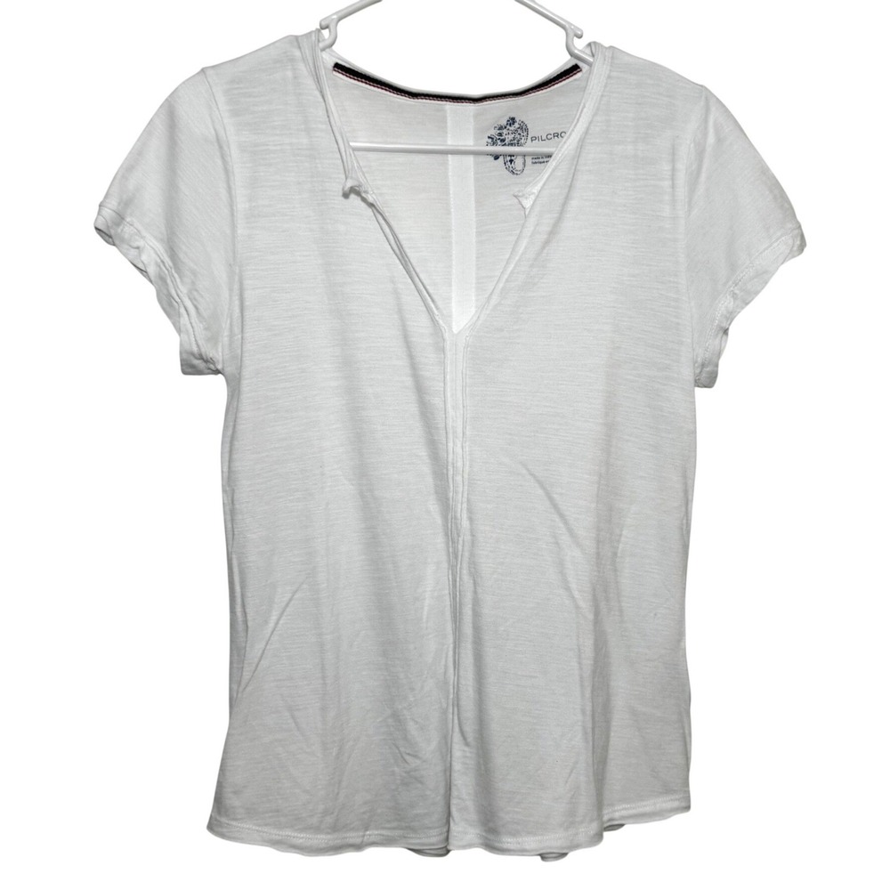 Pilcro V-Neck Tee White Raw Seam Short Sleeve Women XS Anthropologie Casual Tee